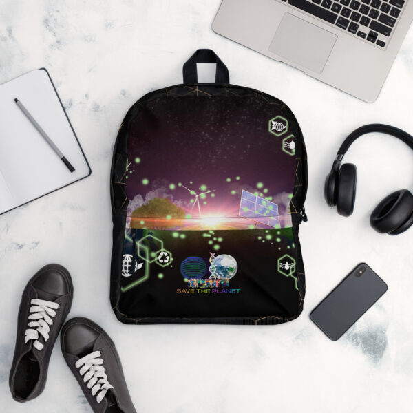Save the Planet Eco-Conscious Space Medium Backpack with Front Pocket and Additional Hidden Pocket